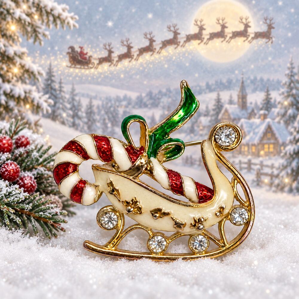 Vintage Gold Tone Christmas Sleigh Brooch Green Enamel Holiday Pin Jewelry CP257